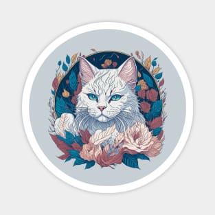 White cat face in flowers and foliage t-shirt design, apparel, mugs, cases, wall art, stickers, Magnet